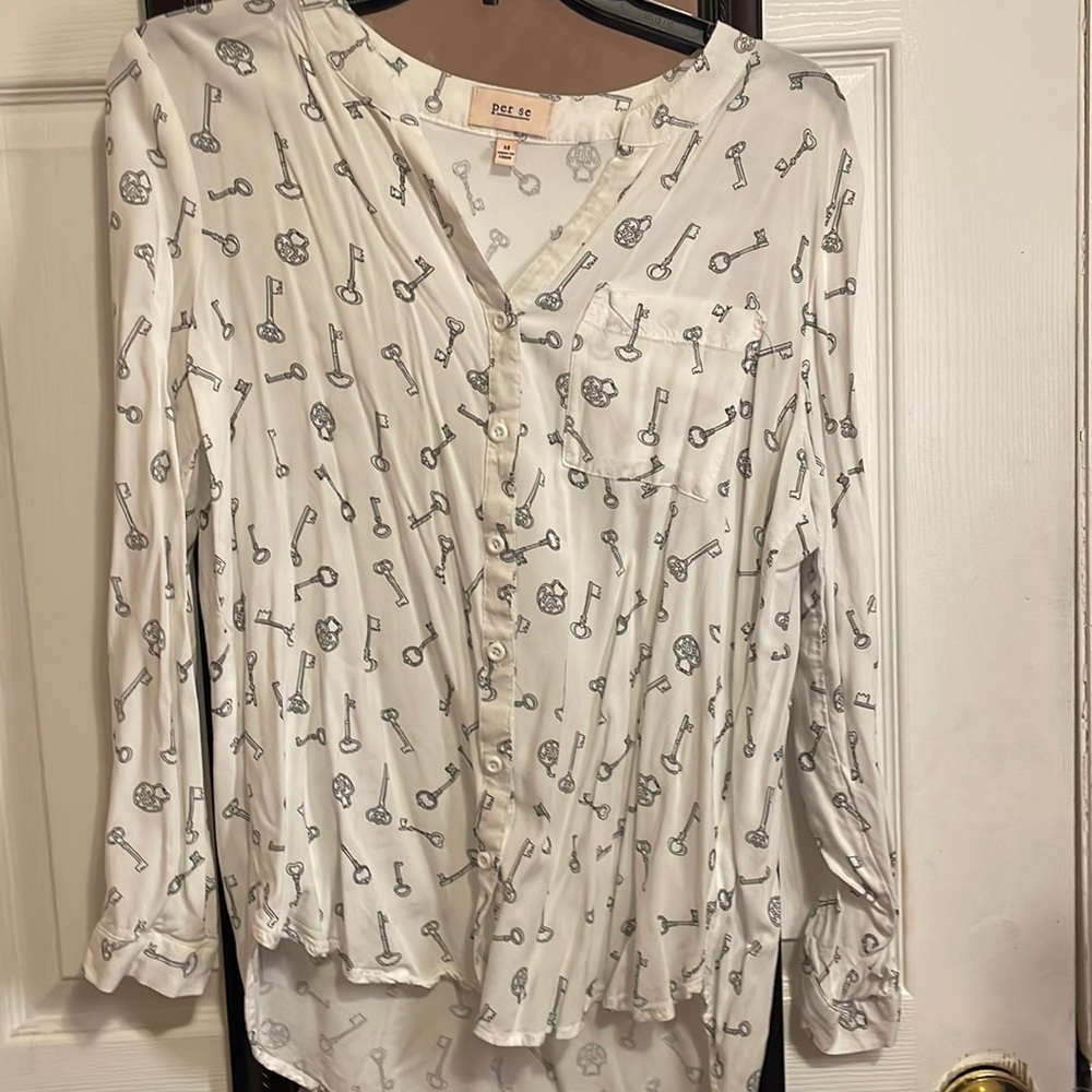 Black and white button up blouse with key and lock design